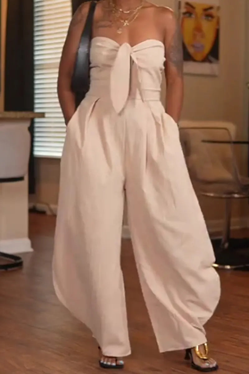 Women's Strapless Elastic Tie Up Loose Fitting Vacation Jumpsuit