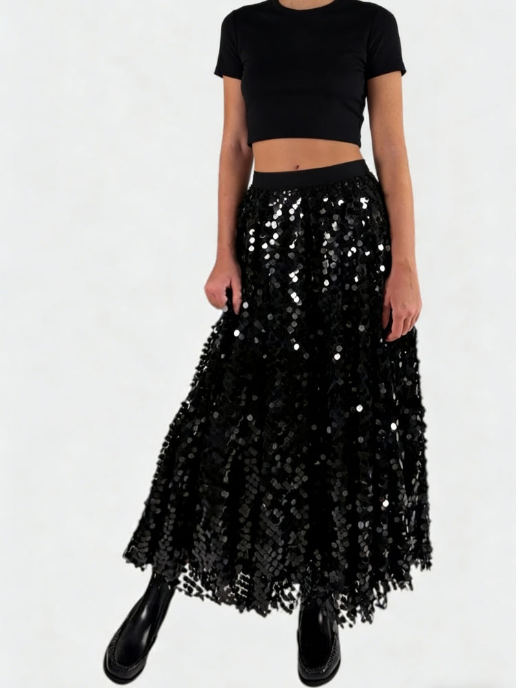 Black Sequin Tulle Midi Skirt
