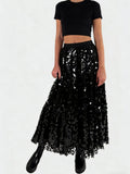 Black Sequin Tulle Midi Skirt