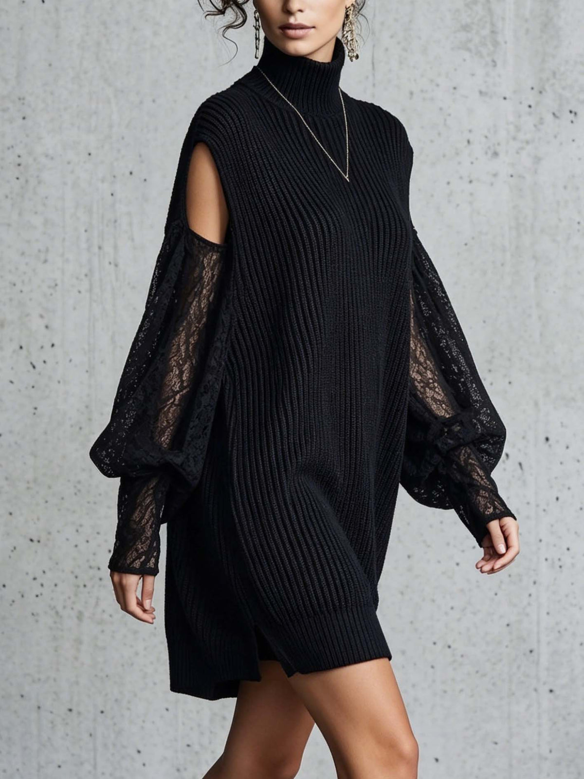 Turtleneck Cold Shoulder Ribbed Knit Mini Dress With Sheer Lace Sleeves