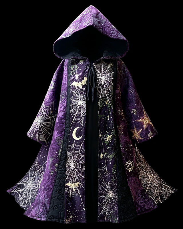 Halloween themed star, moon and spider web embroidered contrasting color stitching cape a36d