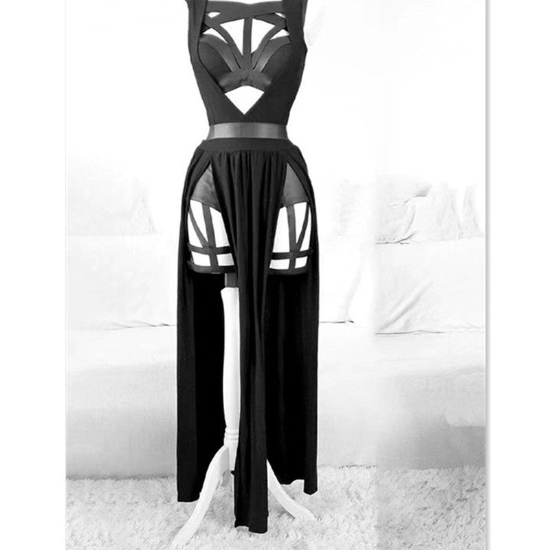 Trendy Sexy Bandaged Cutout Black High Split Mesh Sets