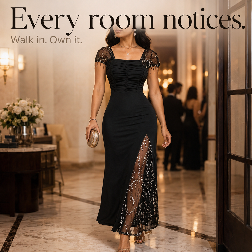 Soirée – Sequin Slit Maxi Dress with Convertible Square Neck