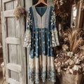 Vintage Japanese Traditional Sashiko With Lace Art Pattern Linen Blend Maxi Dress