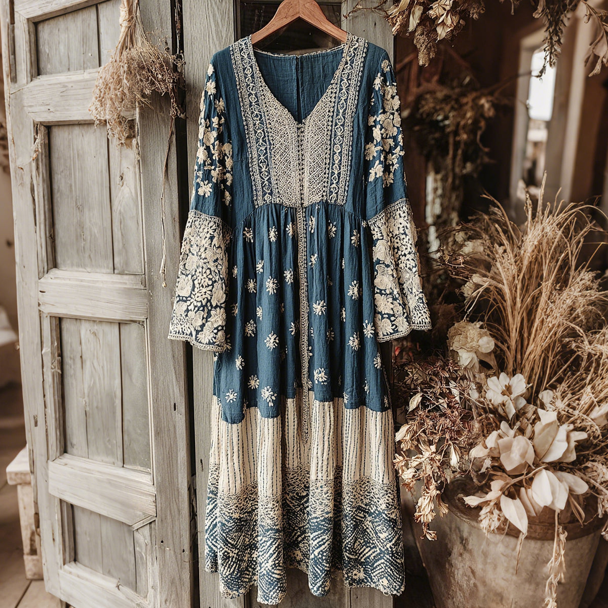 Vintage Japanese Traditional Sashiko With Lace Art Pattern Linen Blend Maxi Dress