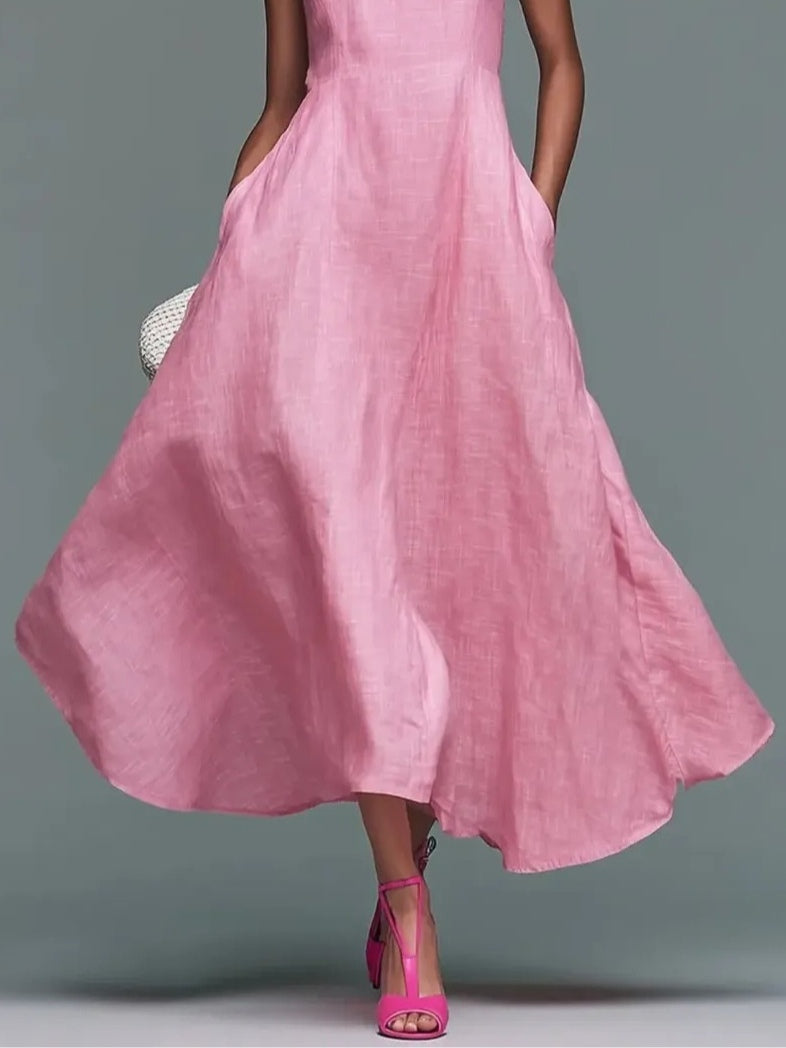 Pink Bow-Strap Square-Neck Maxi Dress