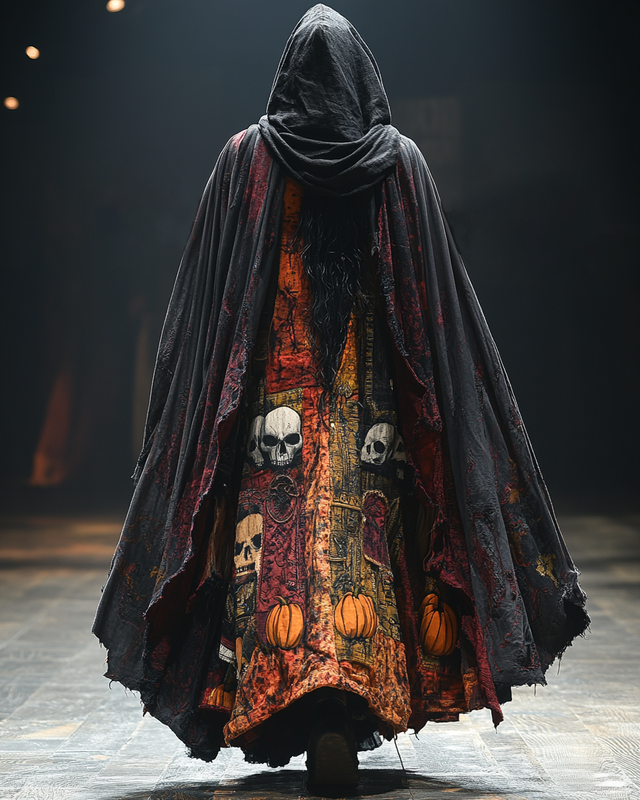 Men's Printed Halloween Contrast Hooded Oversized Cape Coat aec7