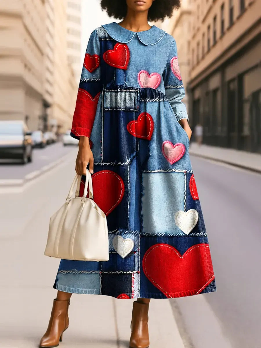 Women's Stylish Denim Patchwork Heart Art Print Silhouette Peter Pan Collar Maxi Dress