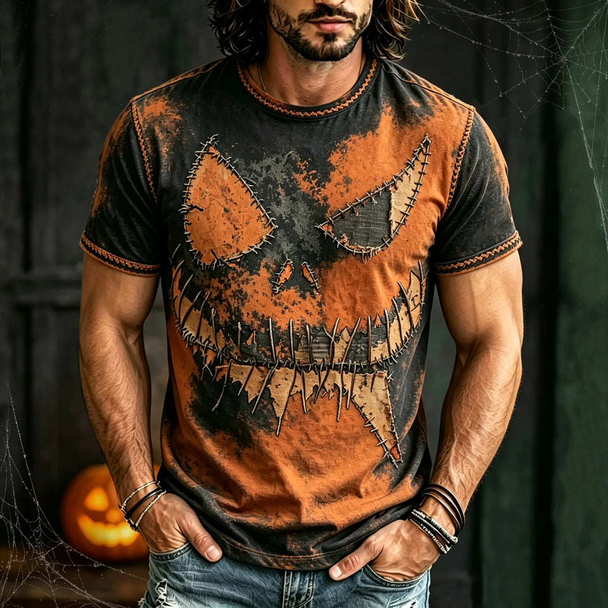 Men's Halloween Scared Pumpkin Face Artistic Pattern Casual T-shirt