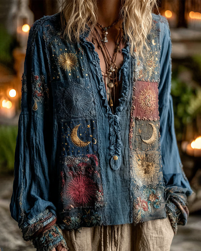 Women's Summer Vacation Star and Moon Theme Embroidered Patchwork Linen Shirt   8dc4