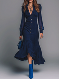 Navy Blue Faux Suede Chiffon Patchwork Lapel Button-down Irregular Midi Dress