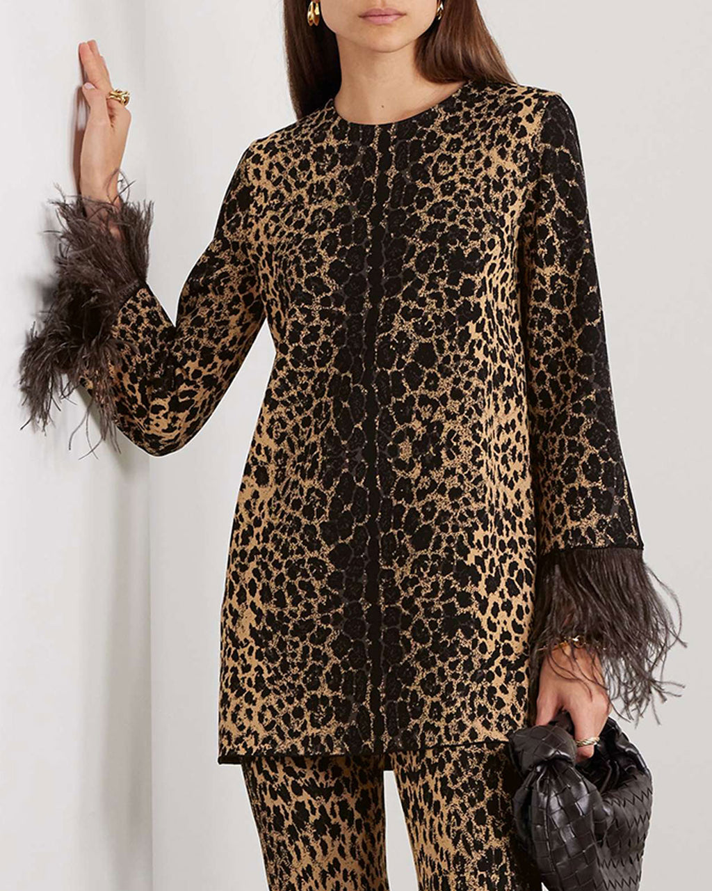 Feather-Trimmed Jacquard-Knit To And Pants Two-Piece Set