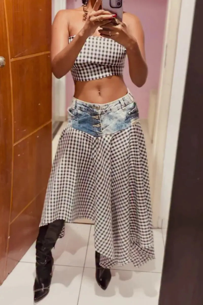 Women Black White Gingham Strapless Scallop Hem Slim Cropped Tube Top Or Bleach Denim Waist Patchwork Black White Gingham Asymmetrical Midi Skirt