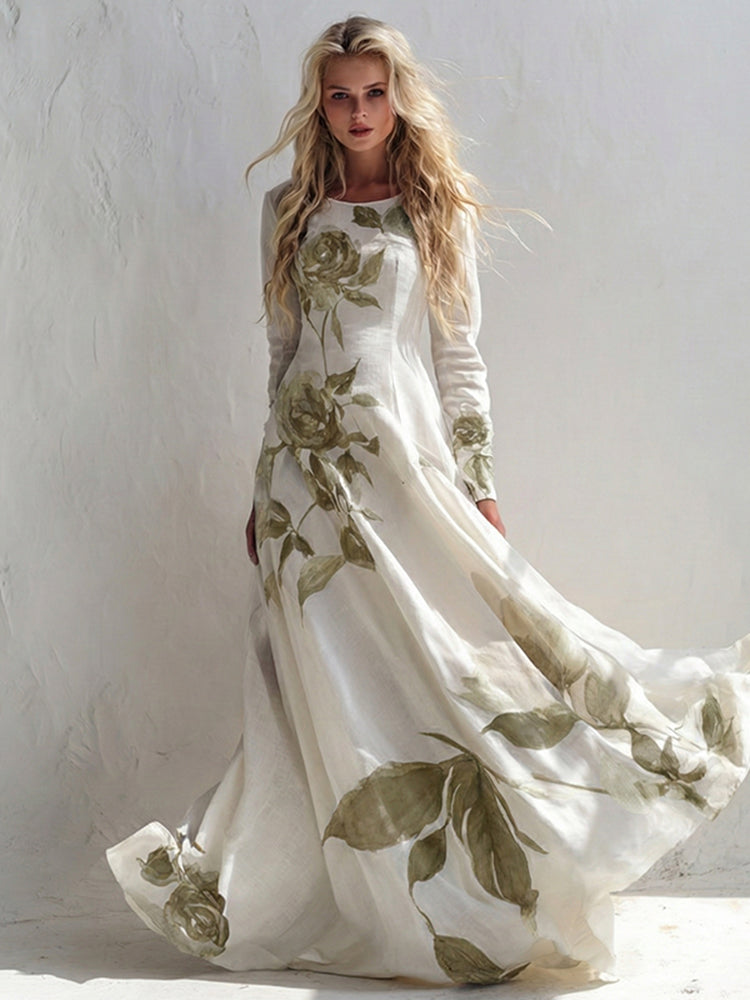 Women's Vintage Floral Art Long Sleeve Maxi Dress