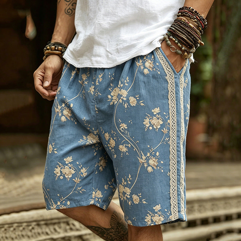 Men's Retro Bohemian Floral Print Casual Linen Shorts