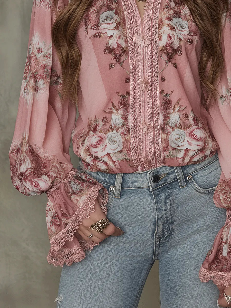 Bohemian Vintage Floral Lace-Trim Chiffon Blouse