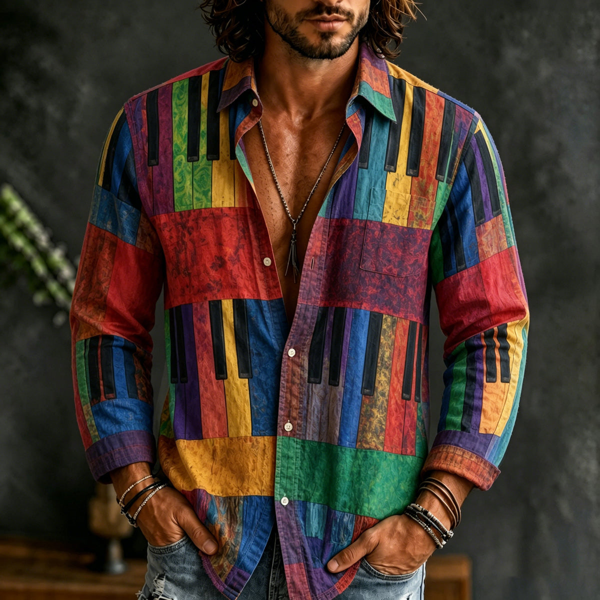 Men's Colorful Artistic Piano Key Pattern Patchwork Print Casual Long Sleeve Linen Shirt