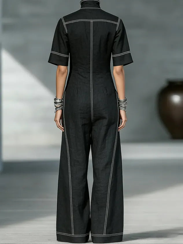 Casual Color Block Shirt Cotton And Linen Jumpsuit