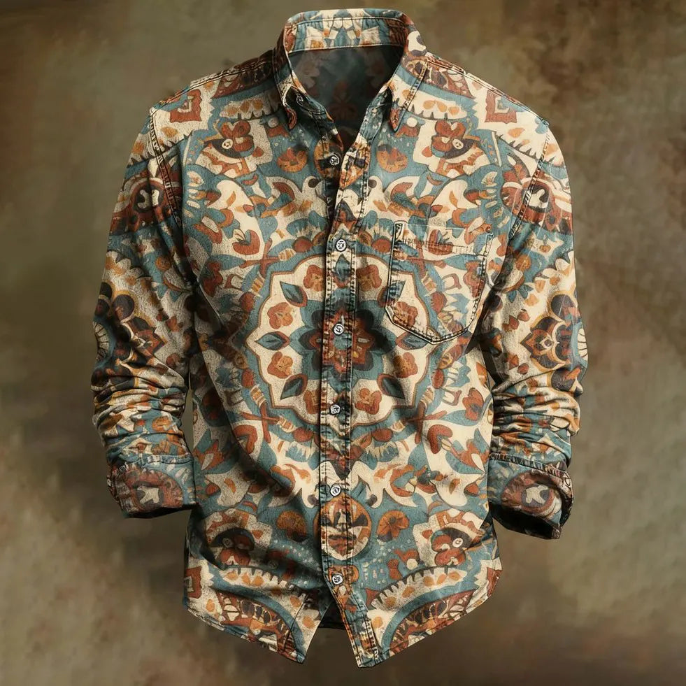 Men's Retro Ethnic Floral Design Long-sleeved Cotton Linen Shirt