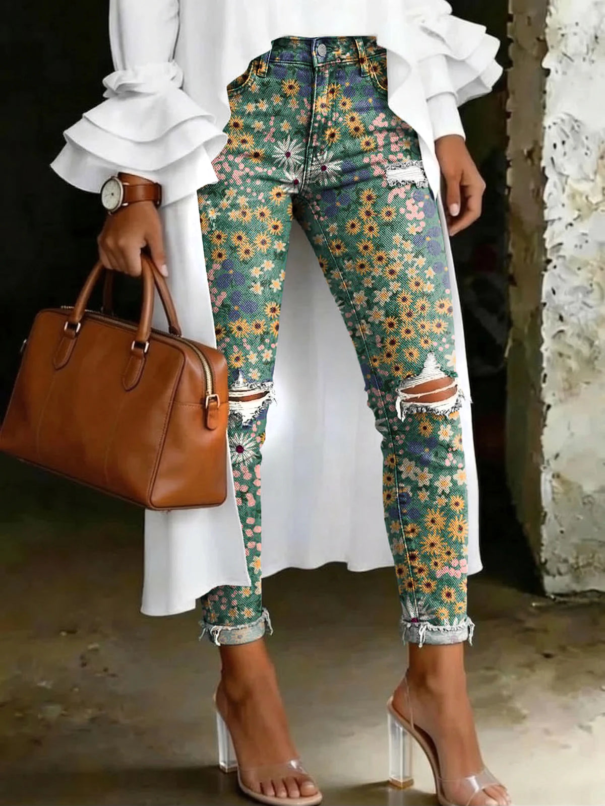 Women's Fashion Cute Spring Floral Prints Artistic Print Casual High-waisted Ripped Skinny Jeans
