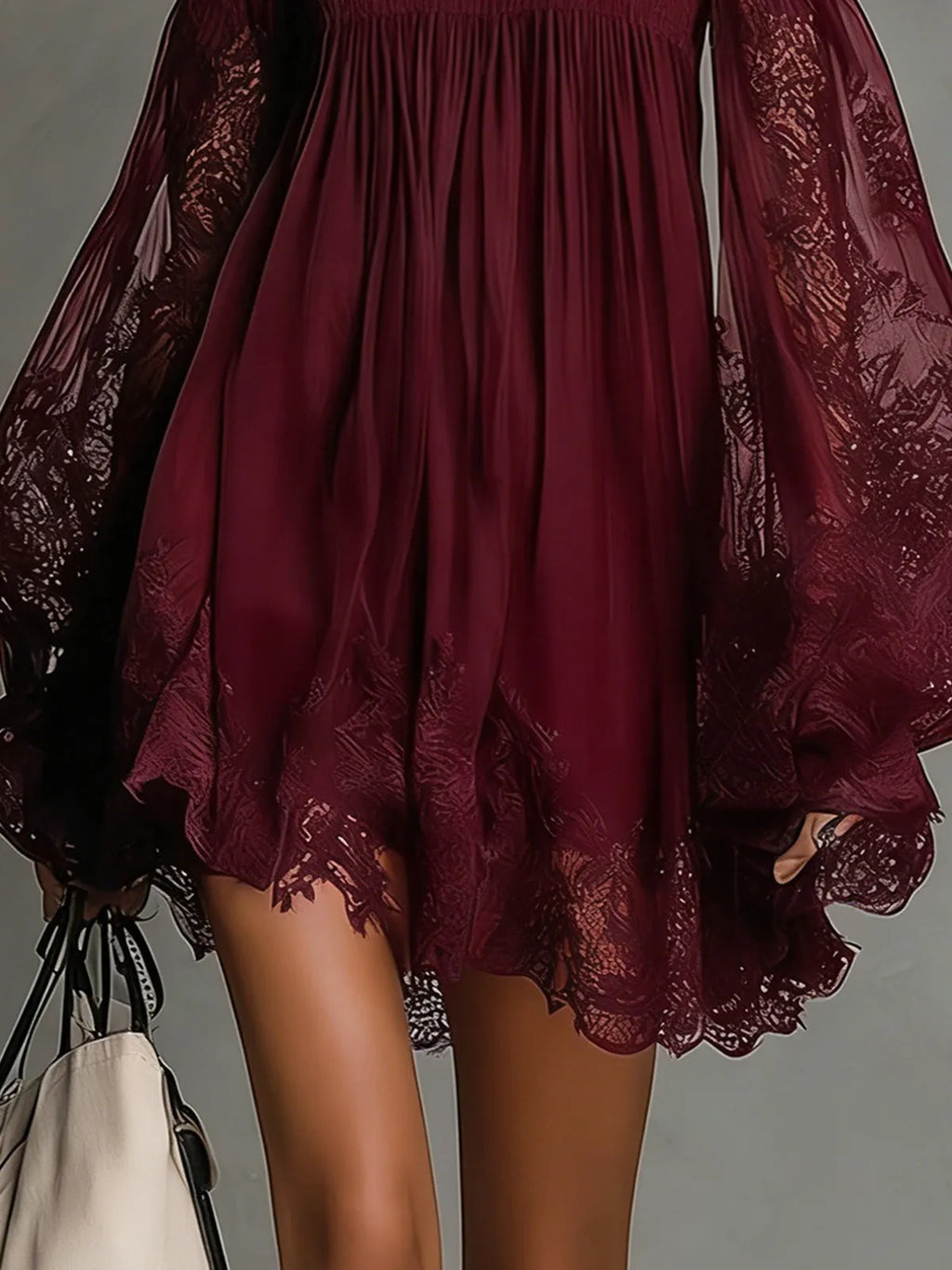 Navy Off-Shoulder Lace Trim Chiffon Mini Dress With Sheer Sleeves