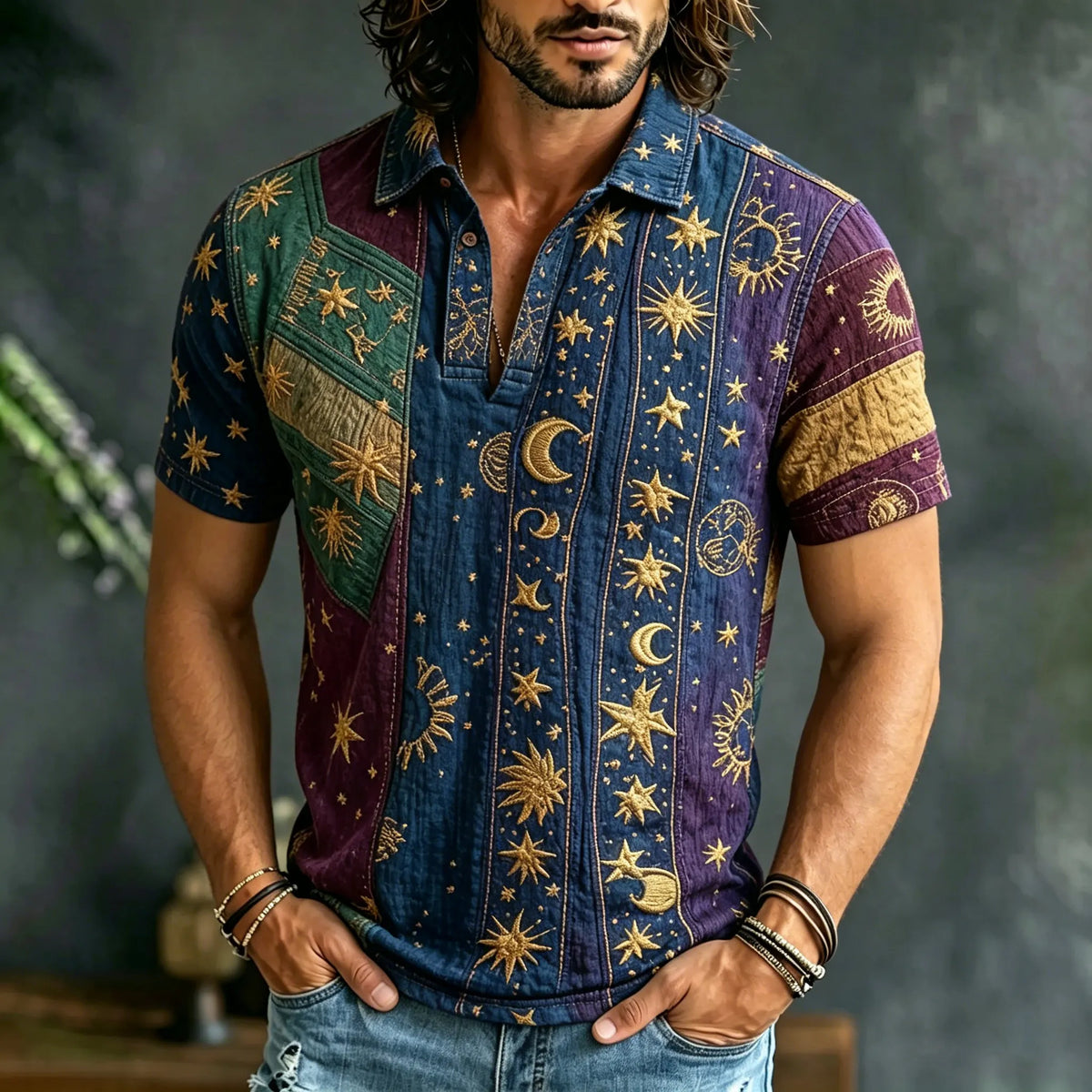 Men's Sun, Moon And Stars Color Block Short-sleeve Cotton Linen Polo Shirt