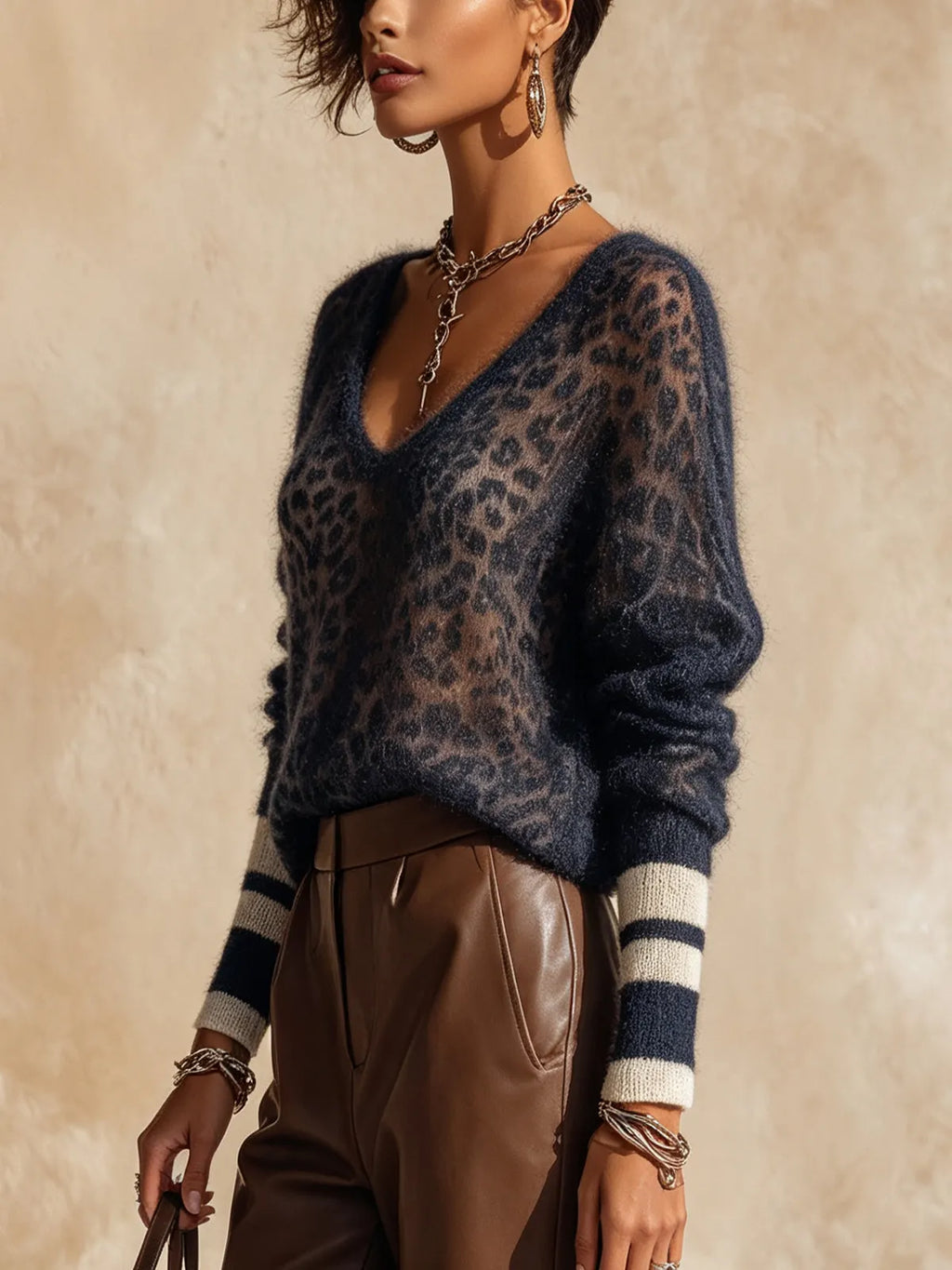Navy Leopard Print Striped Cuff Semi-Sheer Mohair V-Neck Oversized Knit Sweater