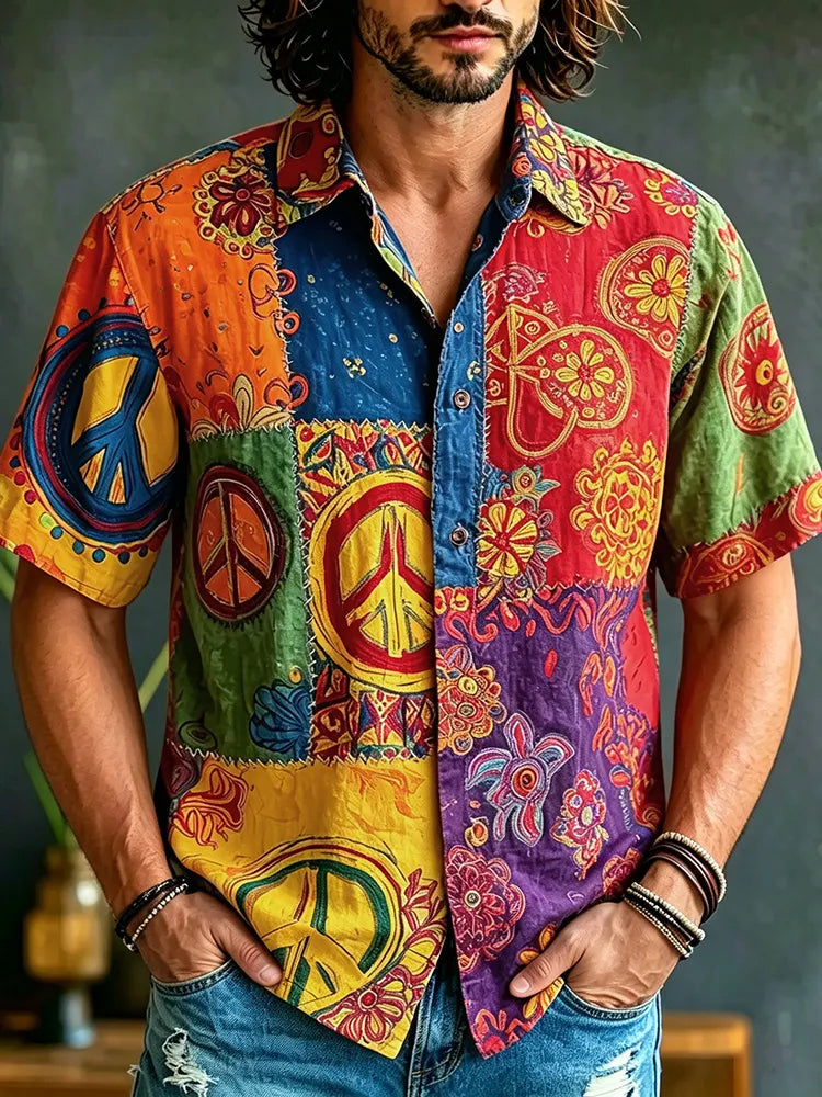Men's Retro Peace Logo Floral Art Color Block Print Casual Shirt