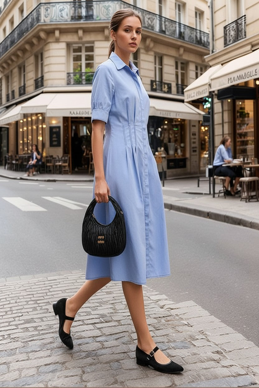 Contrast Stitch Pleated Midi Shirt Dress