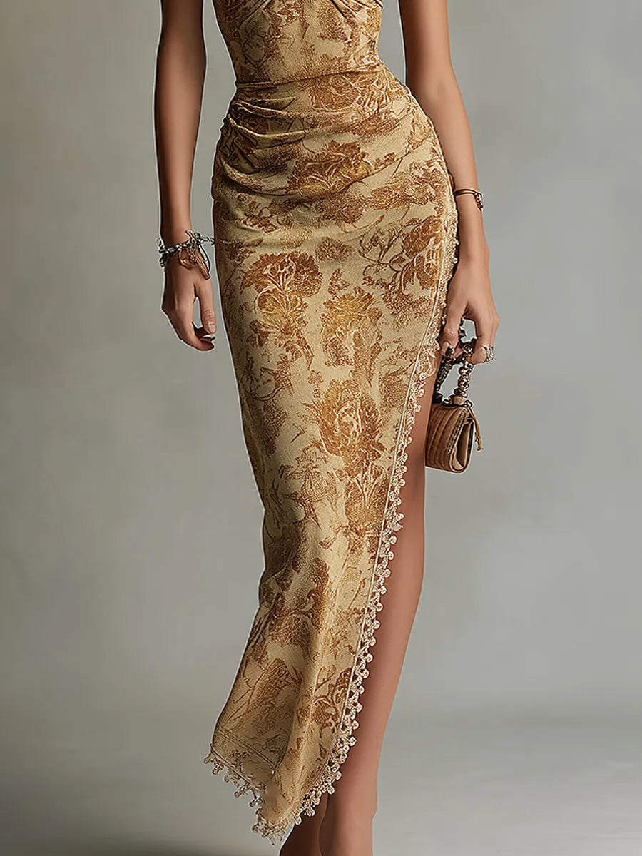 Retro Halter-neck Waist-pleated High-slit Slim-fit Maxi Dress