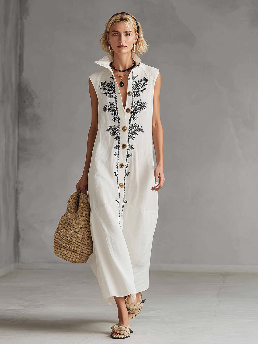 Exquisite Embroidered White Cotton And Linen Collared Button Sleeveless Maxi Dress