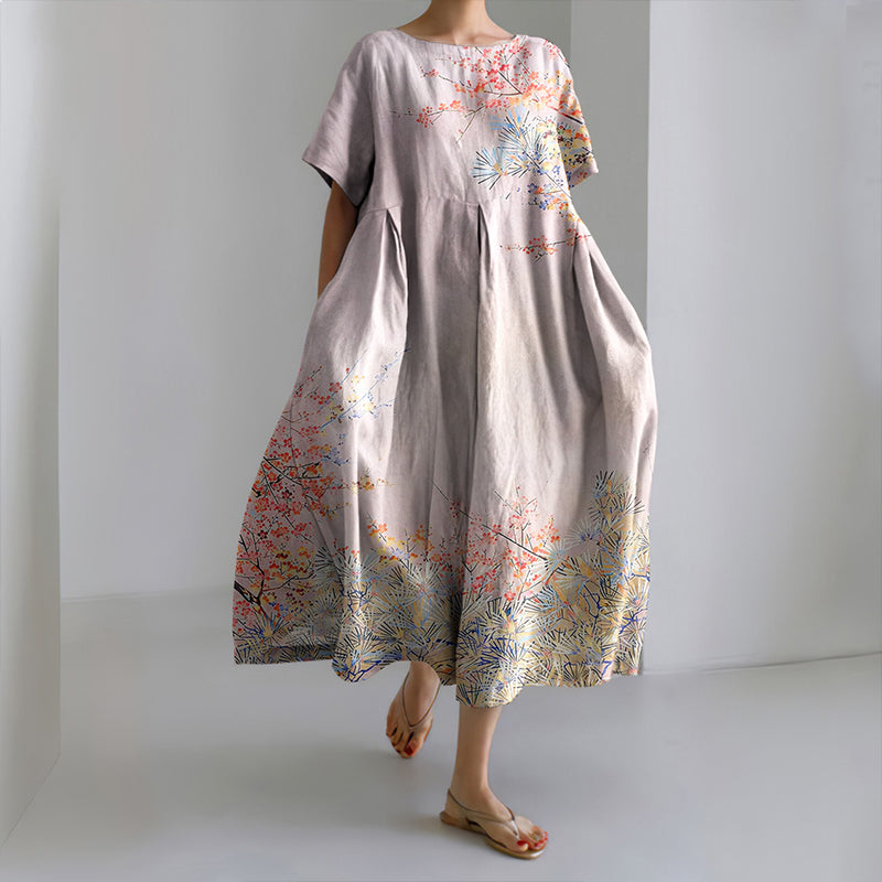 Women's Japanese Cherry Blossoms Art Short Sleeve Midi Dress