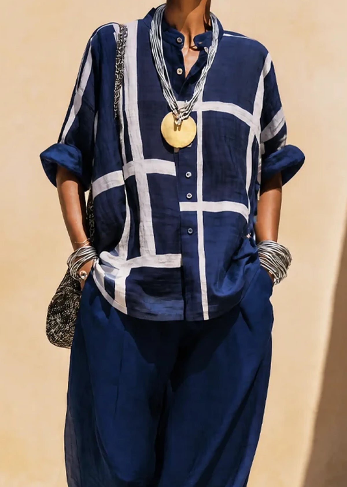Navy Blue Loose Shirt Casual Pants Set