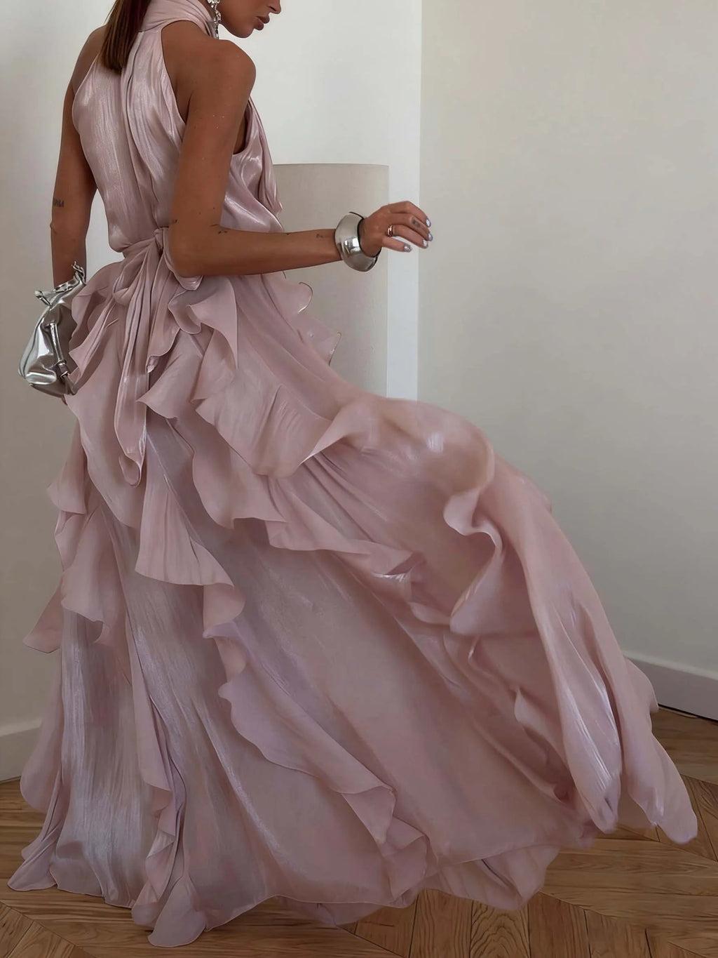 Elegant Halter Neck Ruffle Chiffon Flowy Maxi Dress