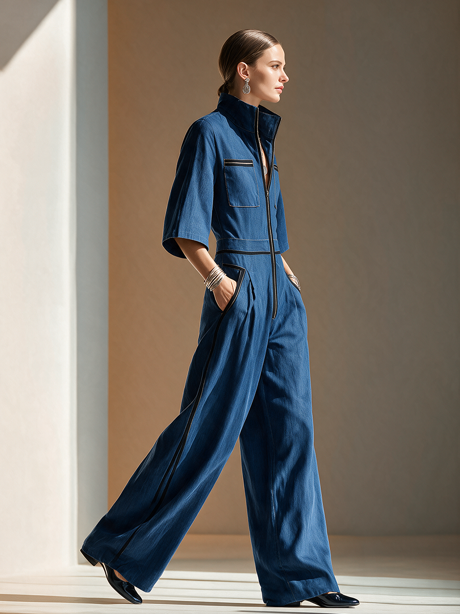 Women's Denim Stand-Collar Zip Black-Trim Cargo-Pocket Short-Sleeve Wide-Leg Jumpsuit MDZ2514H3CMX