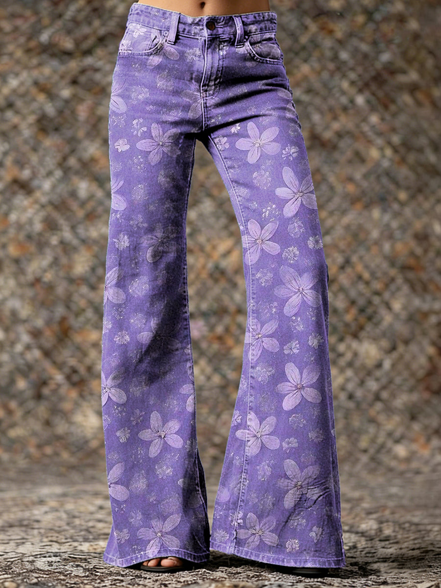 Women's Vintage Purple Floral Art Print Casual Slim  Wide Leg Pants