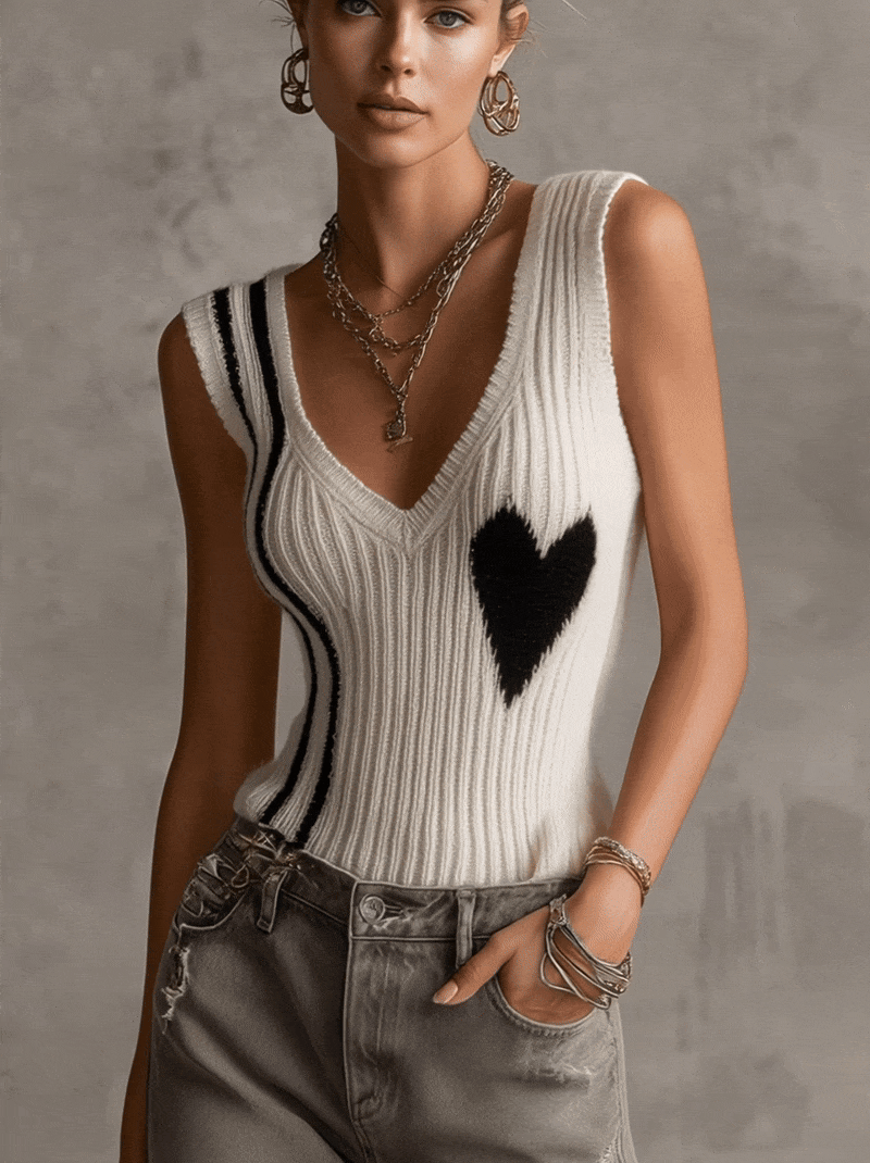 24-Hour-Shipping White Ribbed Knit Sleeveless Heart Pattern V-Neck Vest