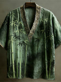 Japanese Bamboo Pattern Linen Short Sleeve V-neck Shirt