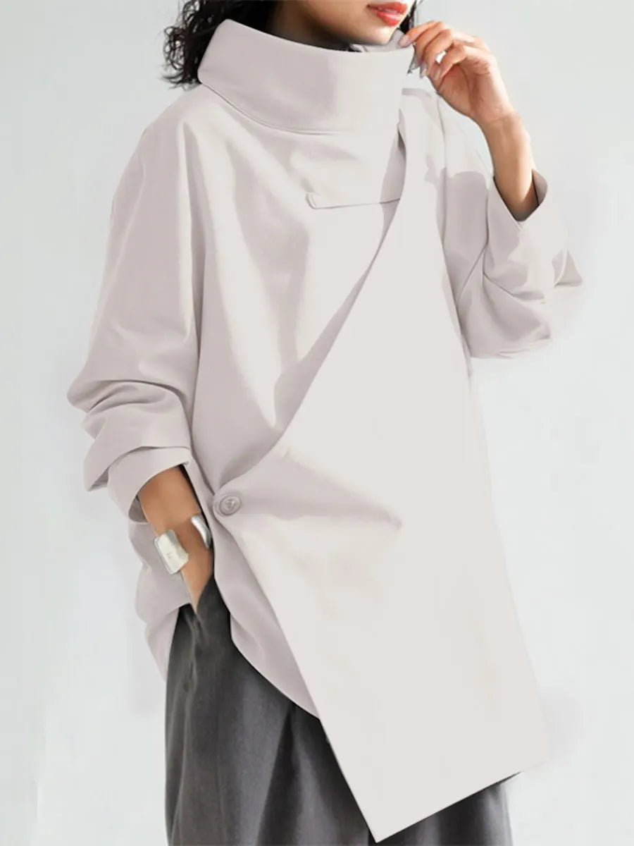 Long Sleeves Loose Solid Color High Neck T-Shirts Tops