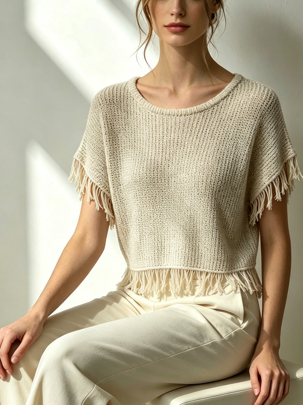 White Textured Fringe Hem Short Sleeve Top