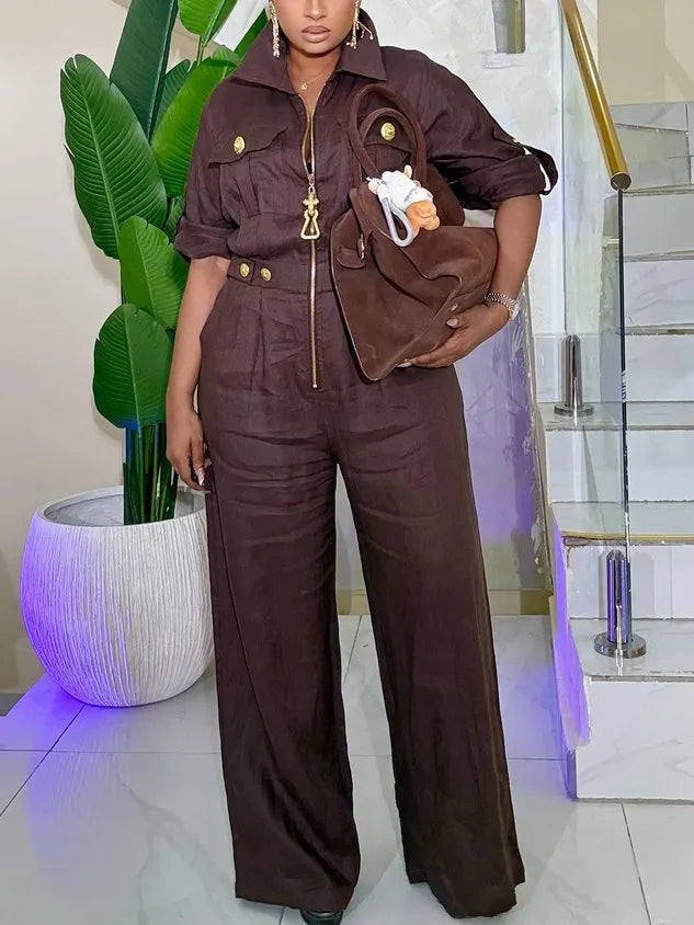 Cotton And Linen Casual Buttoned Plain Shawl Collar Shirt Jumpsuit