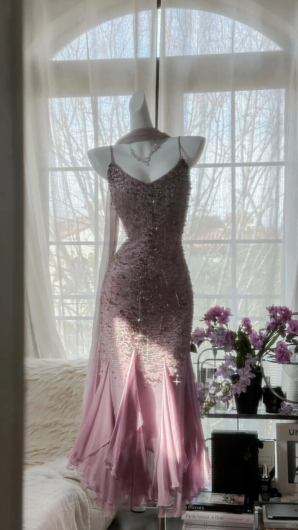 Pink Purple Elegant Romantic Exquisite Beaded Long Chiffon Ball Gown Evening Dress Birthday/Wedding Guest/Holiday Party Dress Prom Dress 4021