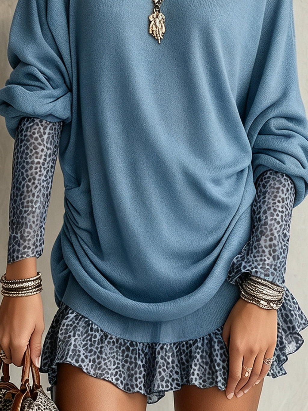 Blue Oversized Animal Trim Knit Mini Dress