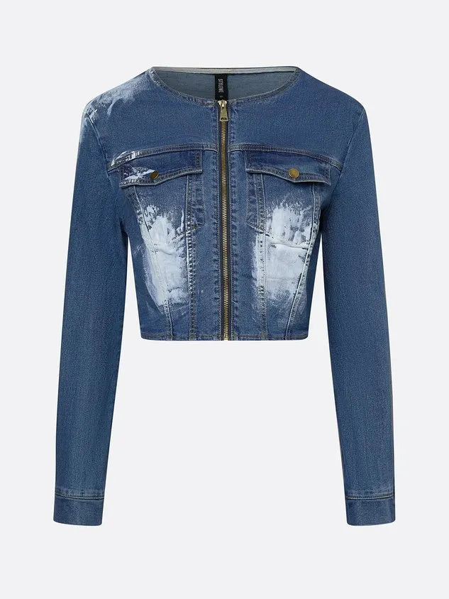 Casual Pockets Plain Crew Neck Denim Jacket