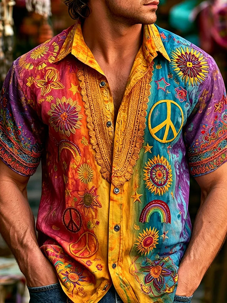 Men's Hippie Peace Symbol And Floral Art Tie-dye Casual Loose Shirt