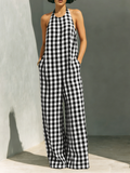 Women's Minimalist Plaid Halter-neck Loose Jumpsuit MDZ0412C3Y