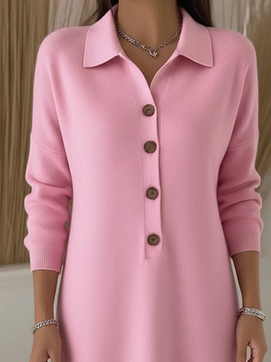 Classic Polo Collar Button Solid Color Knitted Midi Dress