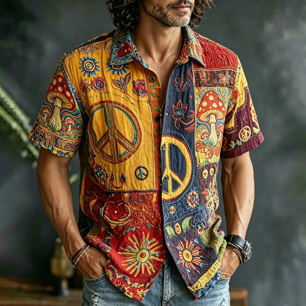 Men's Retro Hippie Style Peace Logo Floral Mushroom Print Casual Shirt
