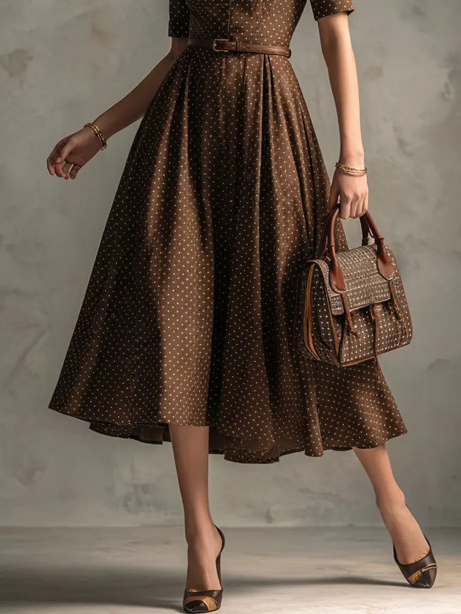 Women's Vintage Brown Cotton-Blend Polka Dot Waisted Shirt Midi Dress MDZ2138D3GMJ