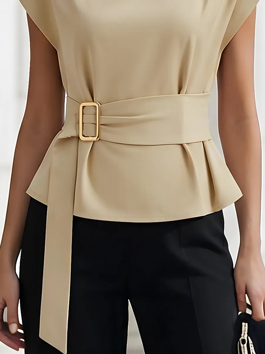 High-Neck Sleeveless Tie-Waist Shirt
